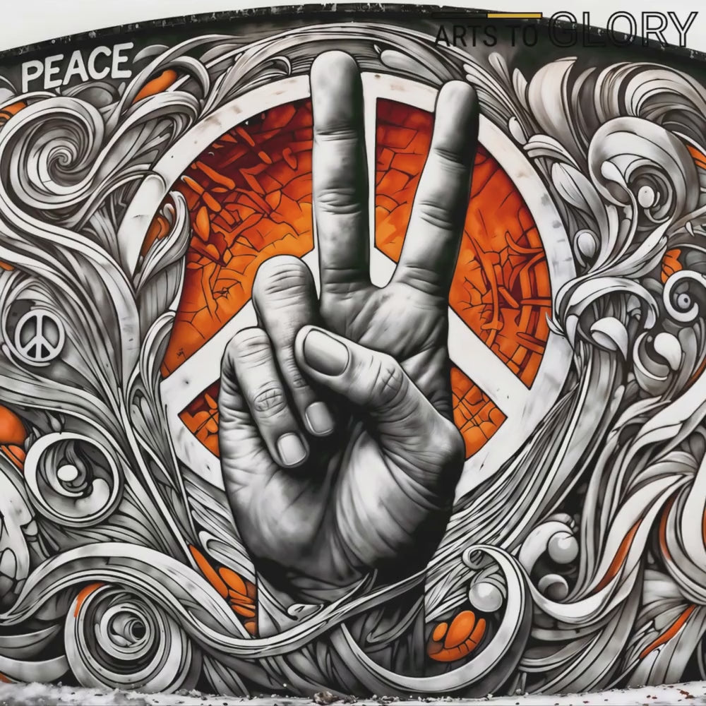 Close-up zoom video of graffiti peace symbol artwork, highlighting the dynamic details and vibrant orange accents.