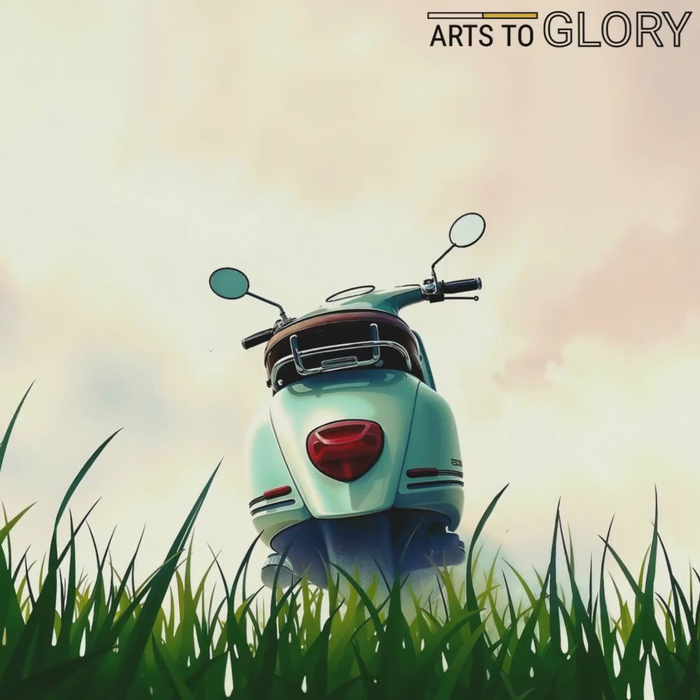 Video showcasing a close-up view of the retro scooter artwork on green grass with a pastel sky, emphasizing the serene and nostalgic details in a modern décor setting.