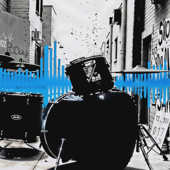 Short promotional video showcasing the bold urban artwork of a drum kit and vivid blue soundwave, set against graffiti elements.