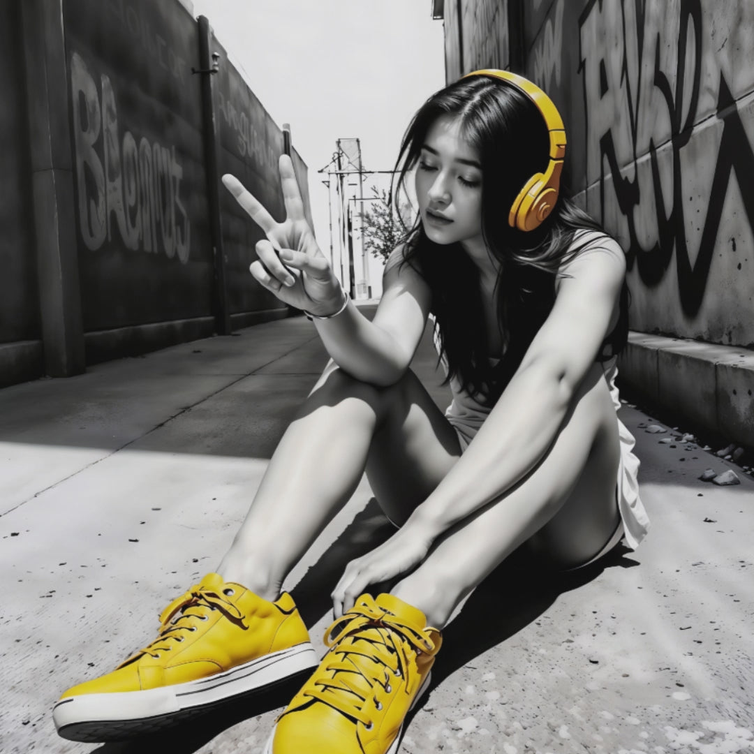 Video urban street art of a woman with yellow headphones in graffiti setting.