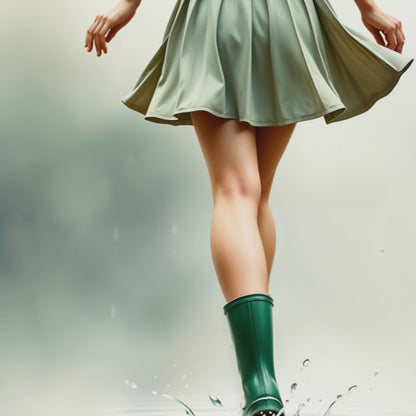 Video showcasing a close-up of the artwork featuring a woman wearing green wellies splashing through a puddle, emphasizing movement and vibrant green tones in a modern décor setting.