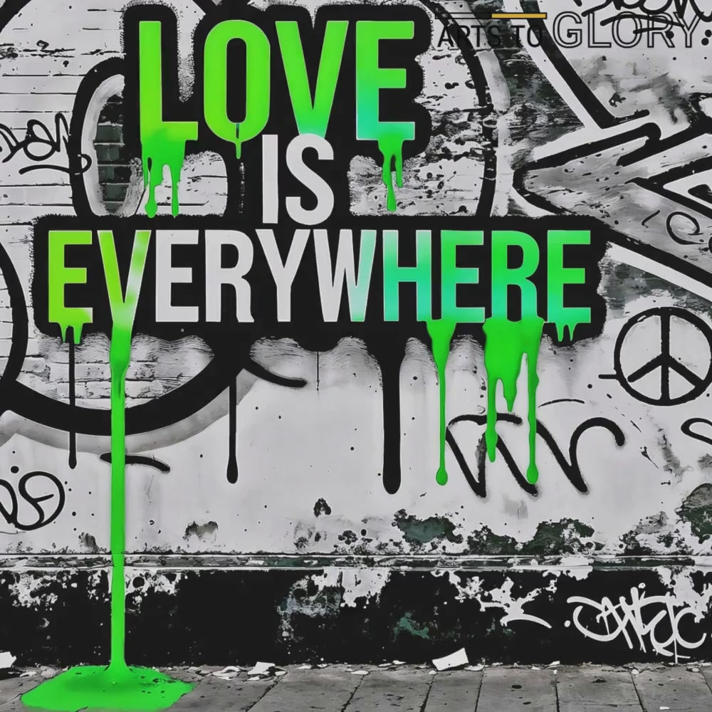 Video showcasing close-up details of the Love Is Everywhere graffiti artwork, emphasising the vibrant green dripping text and textured urban background in a modern décor setting