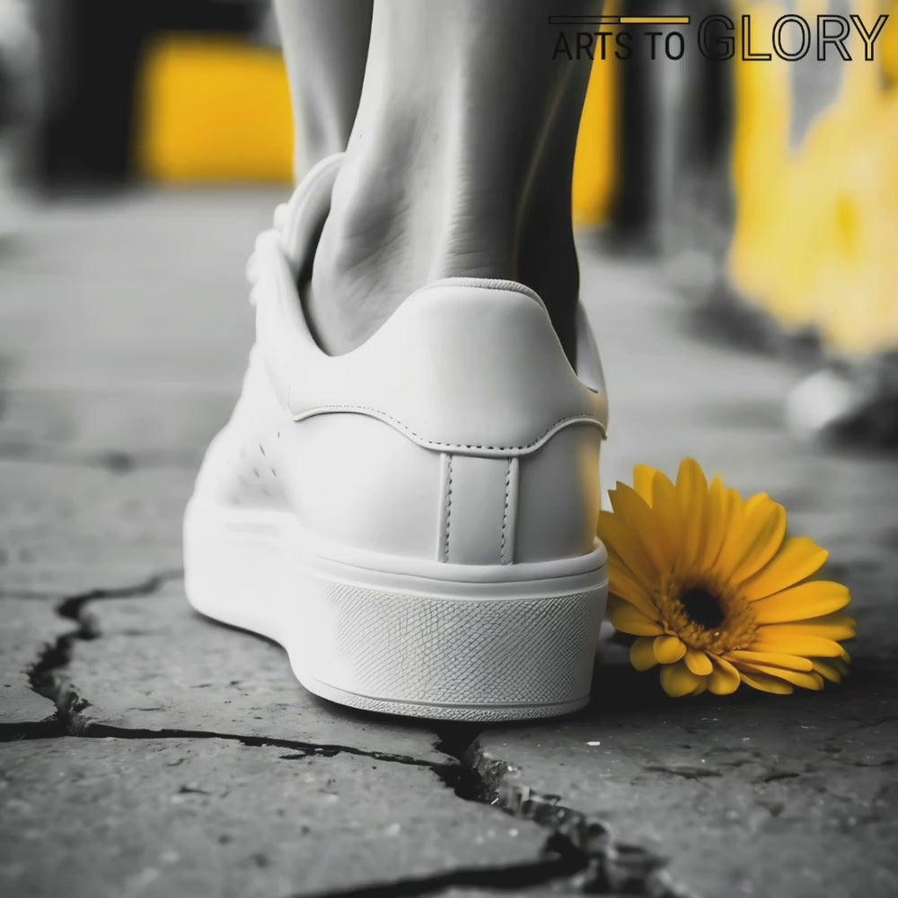 Zoom-in video of a white female shoe with a yellow flower on urban pavement, monochrome art with black and white accents by Arts to Glory.