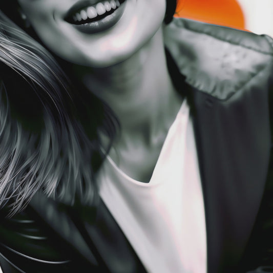 Close-up digital wall art featuring women in bold orange sunglasses, elegantly displayed in a modern living room with stylish décor.