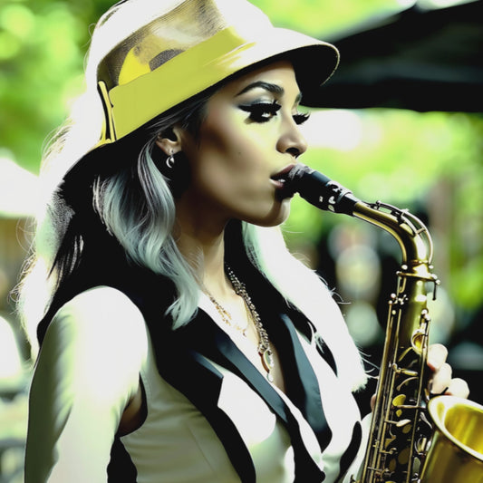 Saxophone woman in green.