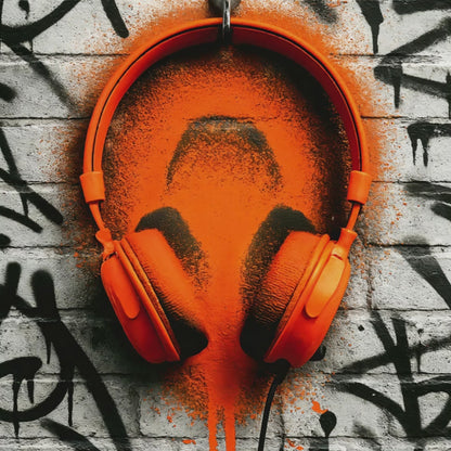 Orange Headphones Rough - Arts To Glory minimalist urban digital artwork featuring orange headphones set against a rugged graffiti-covered brick wall representing Arts To Glory aesthetic.