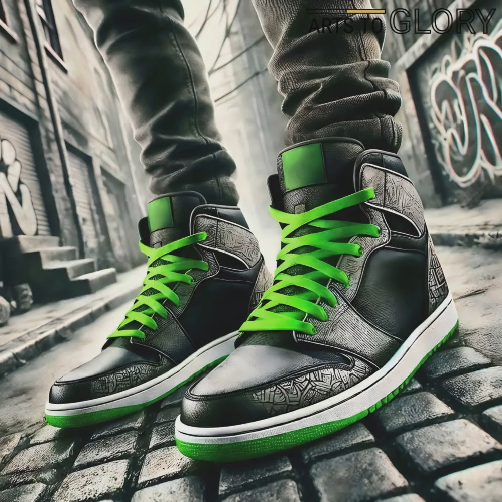 Video showcasing a close-up of green-laced trainers artwork with urban alleyway textures.