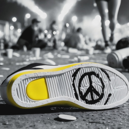 Zoom-in view of a modern art piece featuring a shoe with a peace sign on the sole, highlighting the bright yellow detail against a black-and-white festival background. The video emphasizes the themes of urban culture and peace.