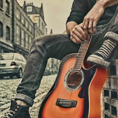 Video showcasing a close-up view of the urban art scene featuring a man with an orange guitar, bringing rhythm and energy to modern décor settings.