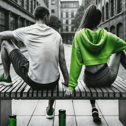 Video showcasing a close-up view of the digital artwork with joggers resting on a bench, highlighting green accents and a monochrome city backdrop in a modern décor setting.