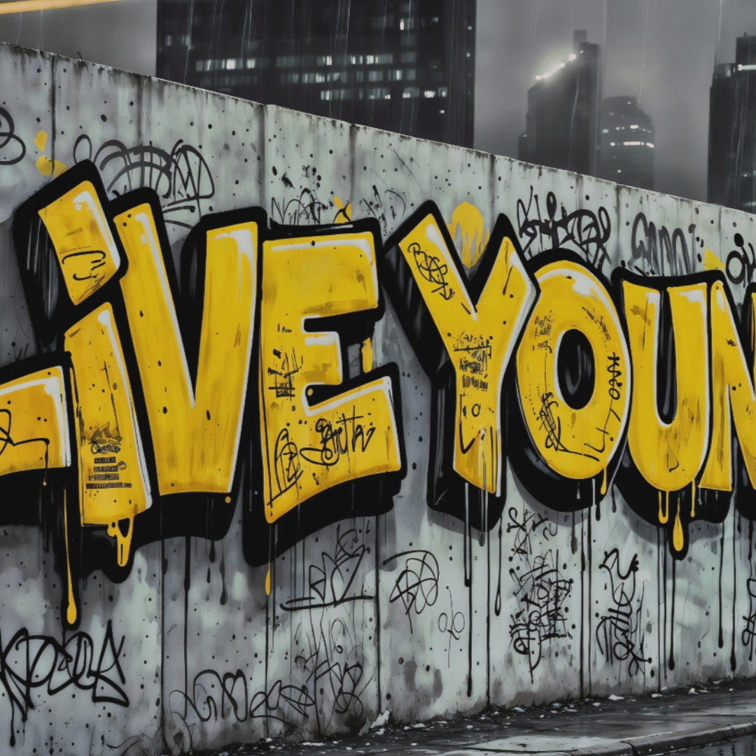 Zoom-in video of the graffiti-style art piece, highlighting the bold text and urban details, perfect for showcasing modern urban décor.