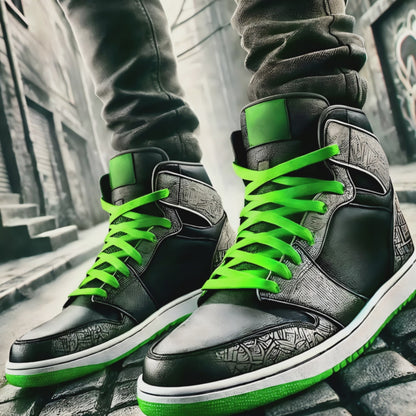 Video showcasing a close-up of green-laced trainers artwork with urban alleyway textures.