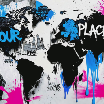 Short promotional clip showcasing the bold graffiti world map artwork emphasizing urban textures and neon contrast for modern interiors.