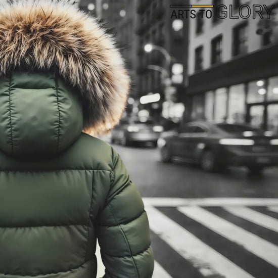 Video zooming in on the green puffer jacket artwork set against a monochrome cityscape, emphasising colour contrast.