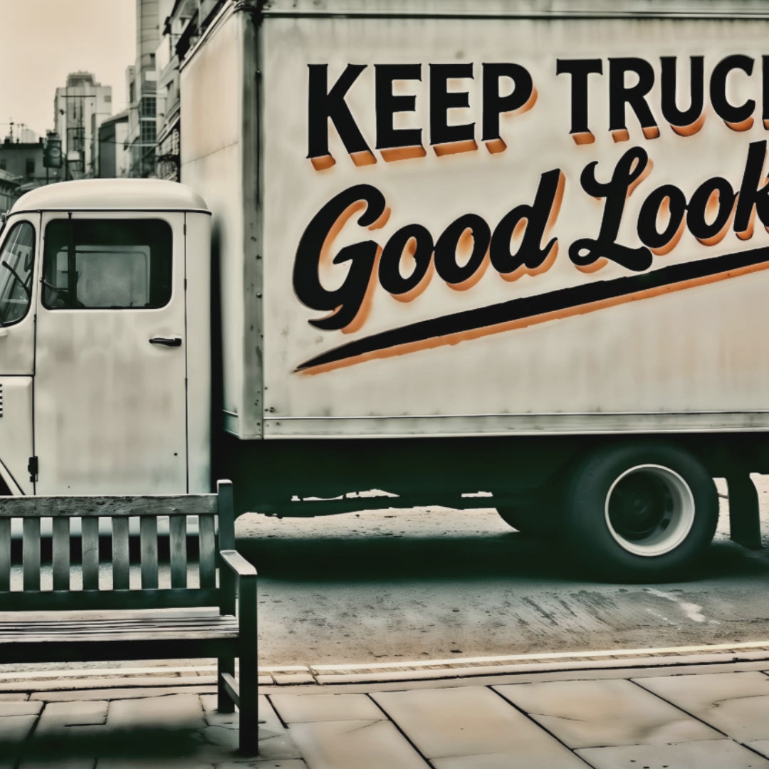 Video highlighting close-up details of the bold text and the vintage delivery truck in an urban street setting. Perfect for industrial and urban home décor.