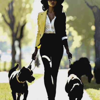 Woman walking her dogs in green.
