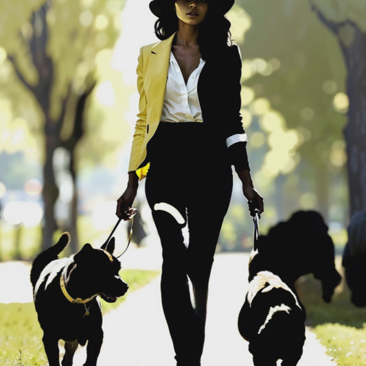 Woman walking her dogs in green.