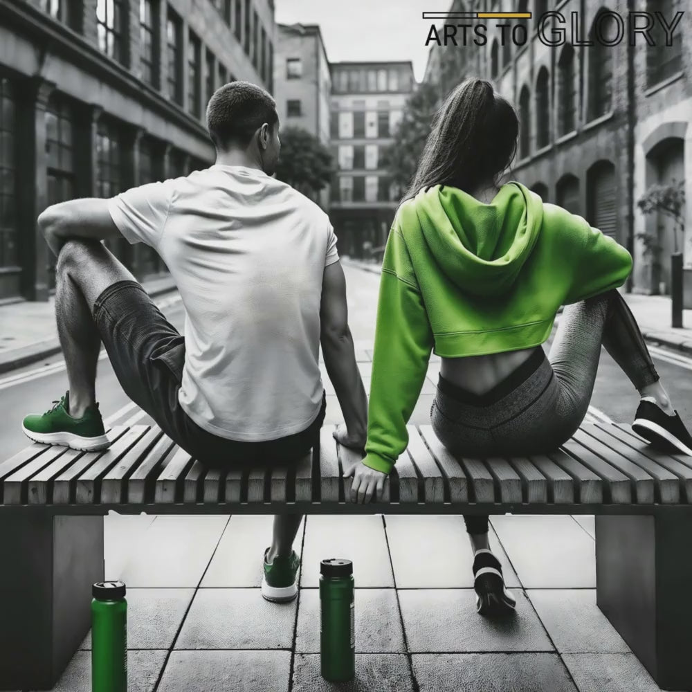 Video showcasing a close-up view of the digital artwork with joggers resting on a bench, highlighting green accents and a monochrome city backdrop in a modern décor setting.