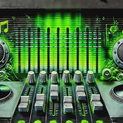 Video showcasing a close-up view of the "Music Storefront Graffiti Shutters" digital artwork with vivid neon green accents.