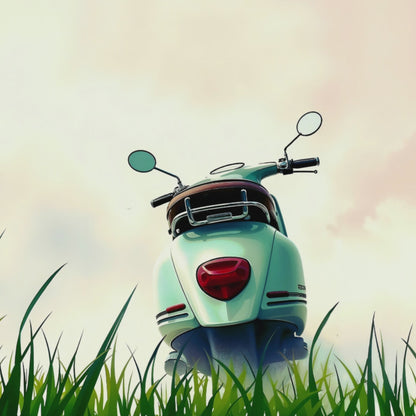 Video showcasing a close-up view of the retro scooter artwork on green grass with a pastel sky, emphasizing the serene and nostalgic details in a modern décor setting.