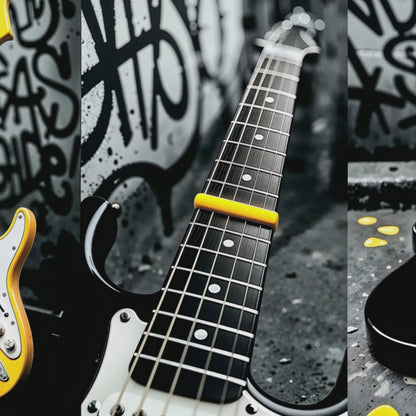 Video showcase of yellow-accent guitar triptych wall art in multiple modern interior mock-ups, highlighting its bold city vibe and instant download format.