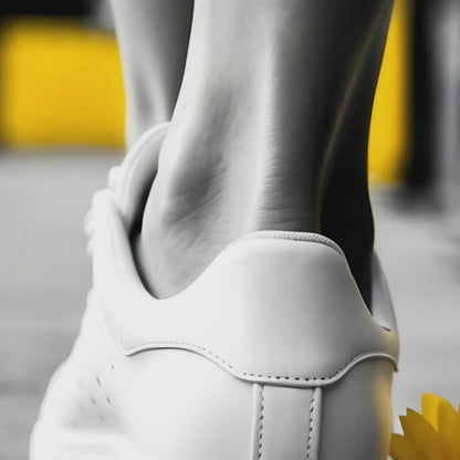 Zoom-in video of a white female shoe with a yellow flower on urban pavement, monochrome art with black and white accents by Arts to Glory.