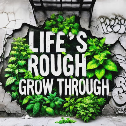 Bold text “Life’s Rough, Grow Through” with lush greenery on a cracked urban wall, 100x70cm.
