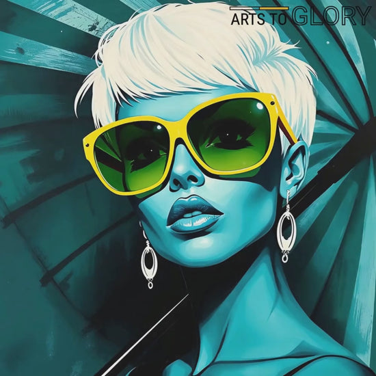 Short promotional clip showcasing the bold pop-art design of a teal-toned woman with yellow sunglasses and an umbrella, highlighting modern décor ideas by Arts To Glory.