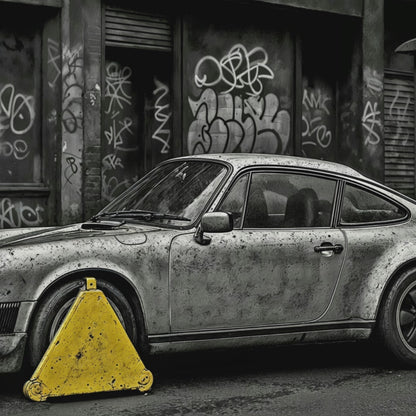 Short promotional video highlighting a digital artwork of a clamped retro car in front of a graffiti café, designed by Arts To Glory for modern interiors.