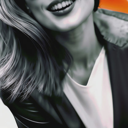 Close-up digital wall art featuring women in bold orange sunglasses, elegantly displayed in a modern living room with stylish décor.