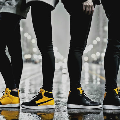 Zoom-in video of the Urban Rhythm art piece, highlighting the details of yellow and black trainers in a rainy cityscape, perfect for showcasing modern urban décor.