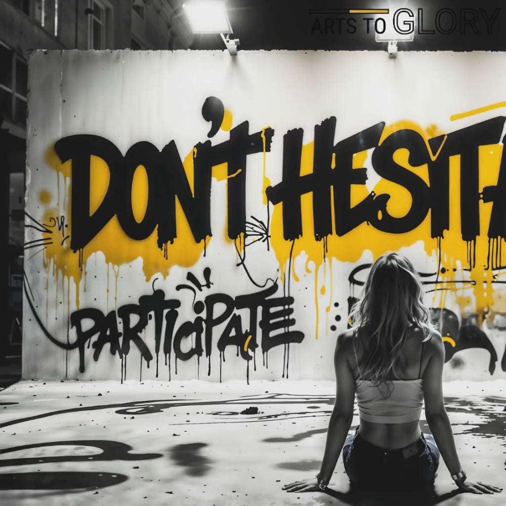 Zoom-in video of graffiti artwork titled 'Don't Hesitate' with bold black and yellow text, showcasing detailed urban art by Arts to Glory.