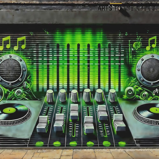 Video showcasing a close-up view of the "Music Storefront Graffiti Shutters" digital artwork with vivid neon green accents.