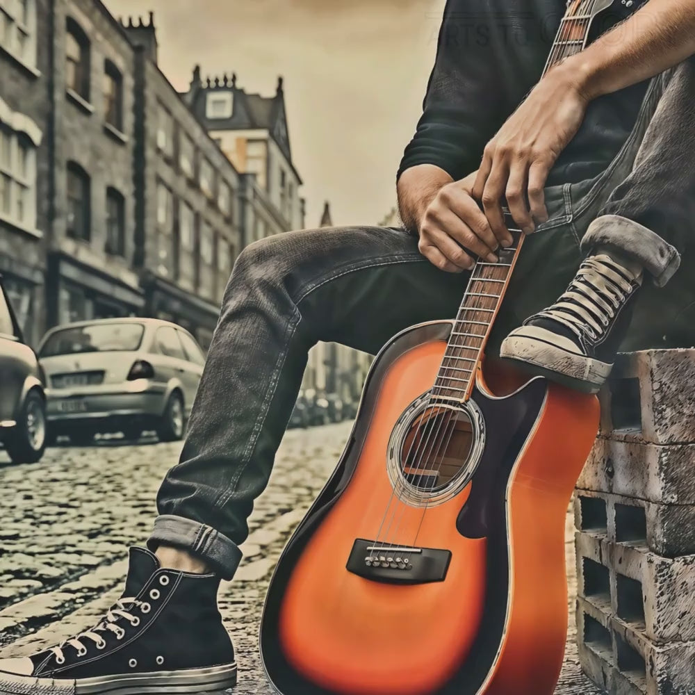 Video showcasing a close-up view of the urban art scene featuring a man with an orange guitar, bringing rhythm and energy to modern décor settings.