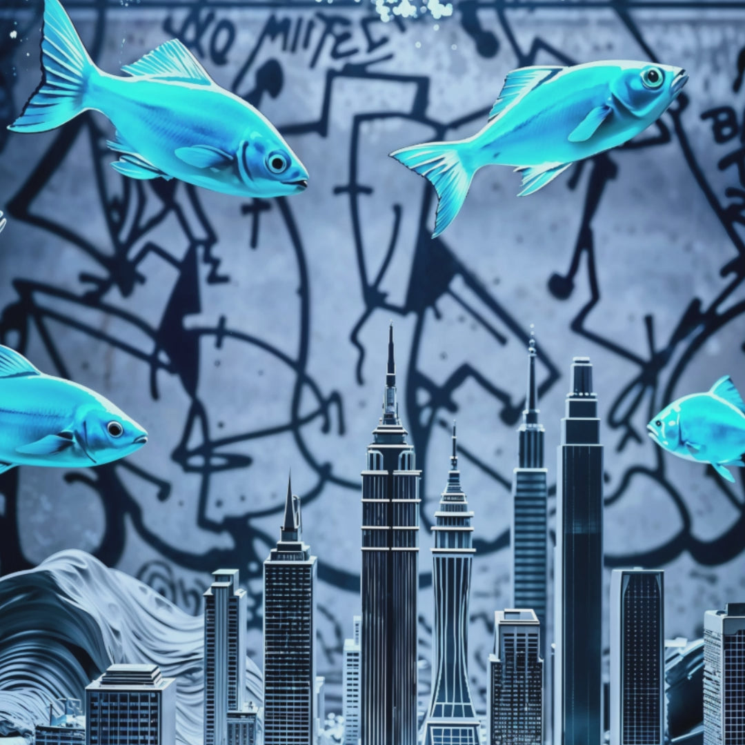 Short promotional video showcasing a surreal urban fish tank artwork with vibrant blue fish and a city skyline, highlighting modern décor ideas by Arts To Glory.
