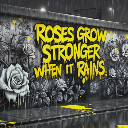 Zoom-in video of the graffiti-style art piece, highlighting bold yellow graffiti text and urban rose details, perfect for showcasing modern urban décor.