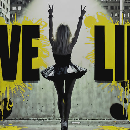 Zoom-in video of the "Live Life" motivational art piece featuring a woman in a tutu making peace signs, with bold black and yellow splashes, Arts to Glory.
