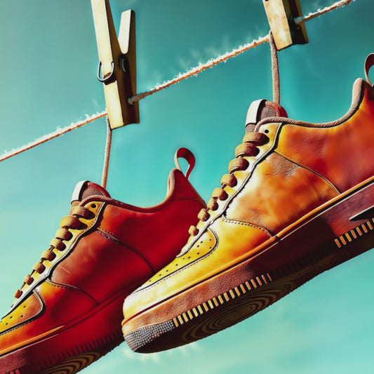 Video showcasing a close-up view of the vibrant orange sneakers hanging on a washing line, highlighting the surreal and dynamic urban décor elements.
