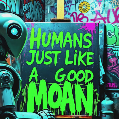 Short promotional video showcasing graffiti-inspired artwork with a robot painting the phrase Humans Just Like a Good Moan, ideal for urban décor.