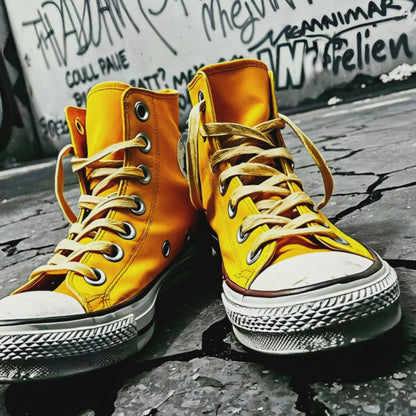 A video showcasing yellow Converse trainers or sneakers.