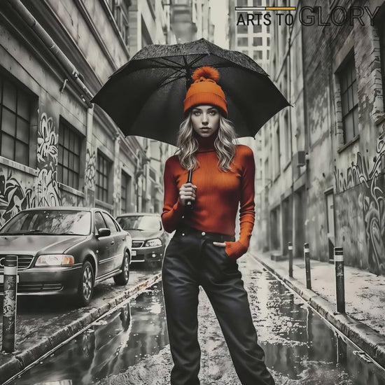 Video showcasing close-up views of an urban alleyway art scene with orange fashion highlights, ideal for modern interiors.