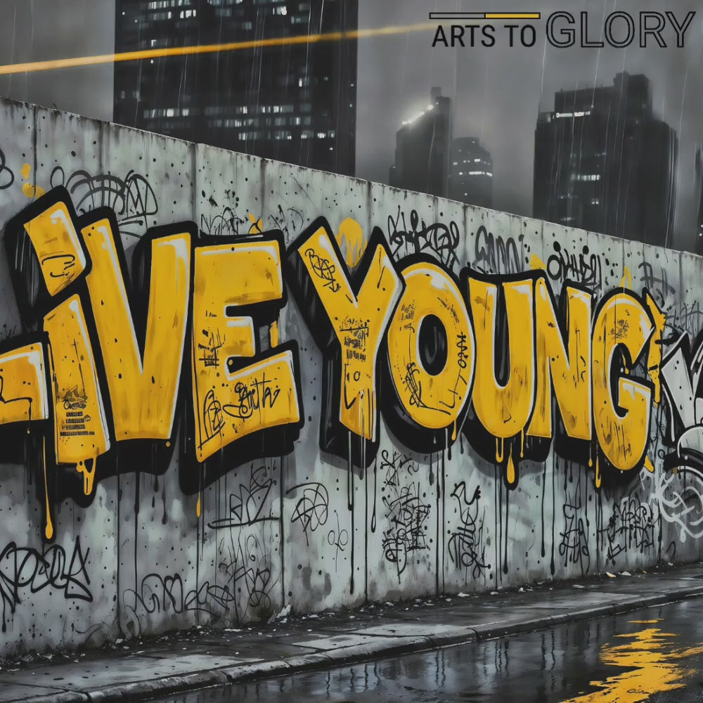 Zoom-in video of the graffiti-style art piece, highlighting the bold text and urban details, perfect for showcasing modern urban décor.