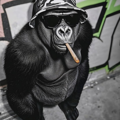 Video - Close-up detail of a stylish gorilla wearing sunglasses and smoking a cigar, highlighted by vibrant green graffiti backdrop.
