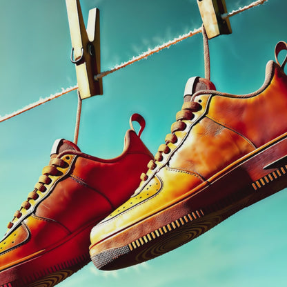 Video showcasing a close-up view of the vibrant orange sneakers hanging on a washing line, highlighting the surreal and dynamic urban décor elements.