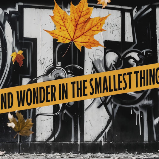 Video showcasing a close-up view of urban graffiti art with vibrant autumn leaves and the text "Find Wonder in the Smallest Things," ideal for modern décor.