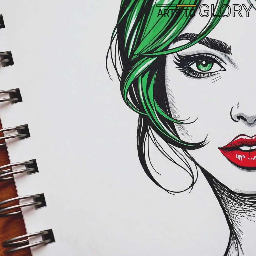 Promo video showcasing a digital art portrait of green hair and bold lips, complete with pen strokes and notebook texture.