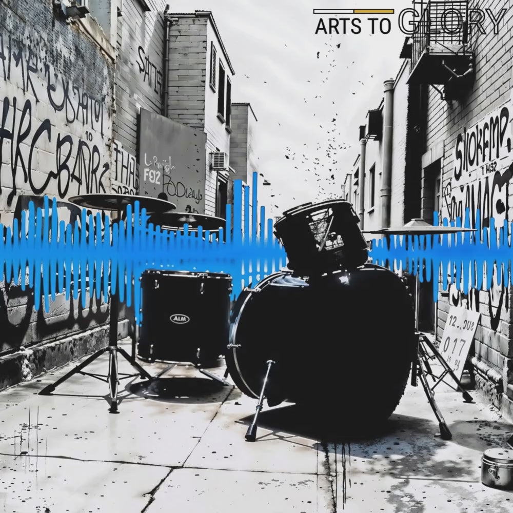 Short promotional video showcasing the bold urban artwork of a drum kit and vivid blue soundwave, set against graffiti elements.