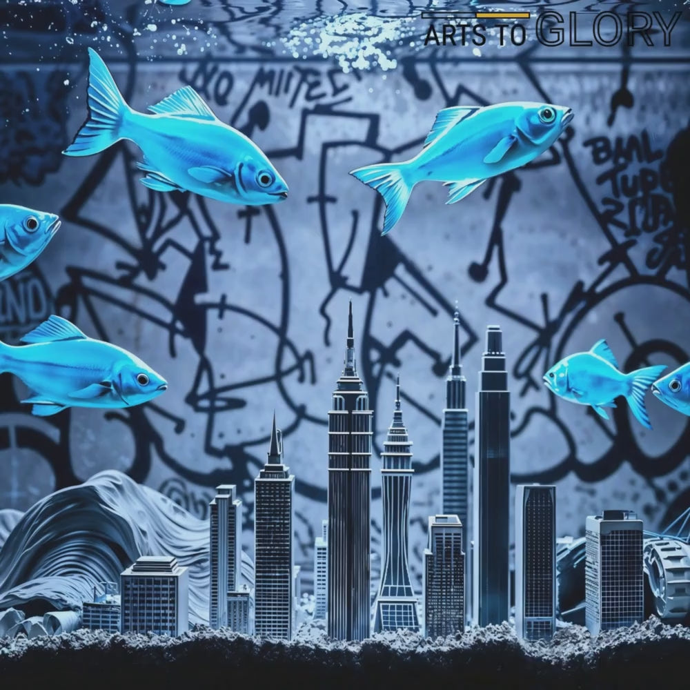 Short promotional video showcasing a surreal urban fish tank artwork with vibrant blue fish and a city skyline, highlighting modern décor ideas by Arts To Glory.