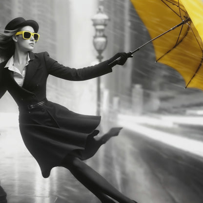 Stormy city, woman with yellow umbrella.