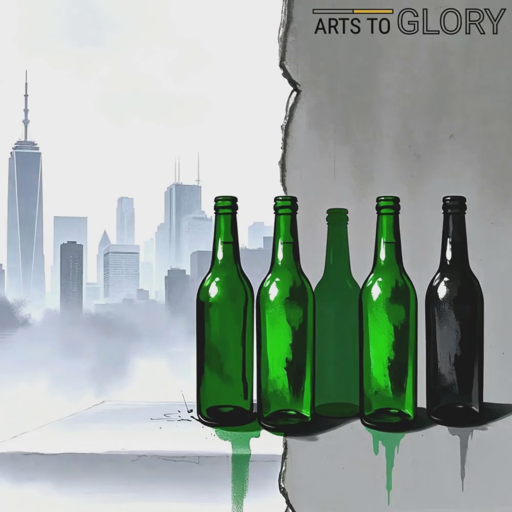 Video showcasing a close-up view of the green bottles against a cracked wall with urban textures and cityscape backdrop, styled in a modern interior setting.